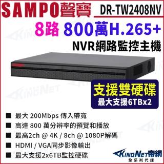 【KINGNET】聲寶 DR-TW2408NV 800萬 8路 智慧型 雙硬碟 H.265 4K NVR 錄影主機(SAMPO聲寶 監控大廠)