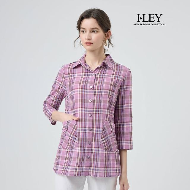 【ILEY 伊蕾】格紋大口袋長版襯衫(紫；M-2L；1251351502)