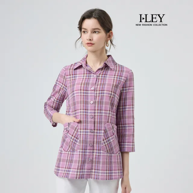 【ILEY 伊蕾】格紋大口袋長版襯衫(紫;M-2L;1251351502)