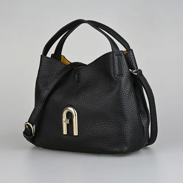 【FURLA 芙拉】FURLA Primula復古拱門LOGO荔枝紋小牛皮扣式手提斜背流浪包(迷你/黑)