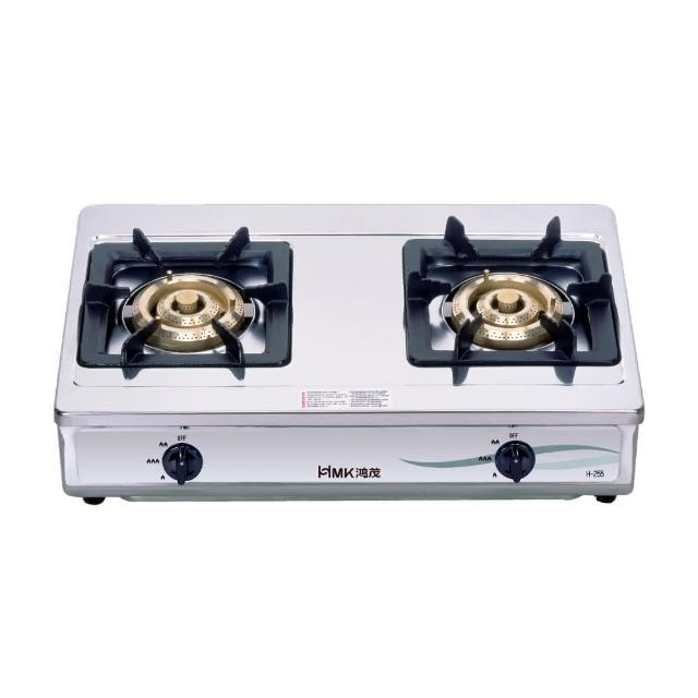 HMK 鴻茂 H-255 雙口瓦斯爐採用不鏽鋼爐臺與純銅爐頭，傳統爐頭設計搭配左旋壓電式自動點火，尺寸170*700*420mm，適閤家庭廚房使用。瓦斯消耗量10~11kW，能源效率第四級，BSMI許可字號R51191，提供1年保固及標準安裝，高效耐用，安全便捷的廚房瓦斯爐首選。