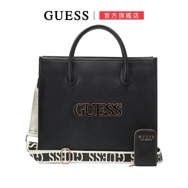 【GUESS】低調金屬LOGO兩用手提包 附零錢包(黑色)