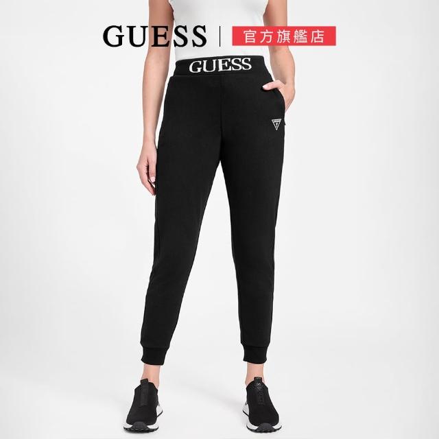 【GUESS】腰部LOGO束腳運動長褲(黑色)