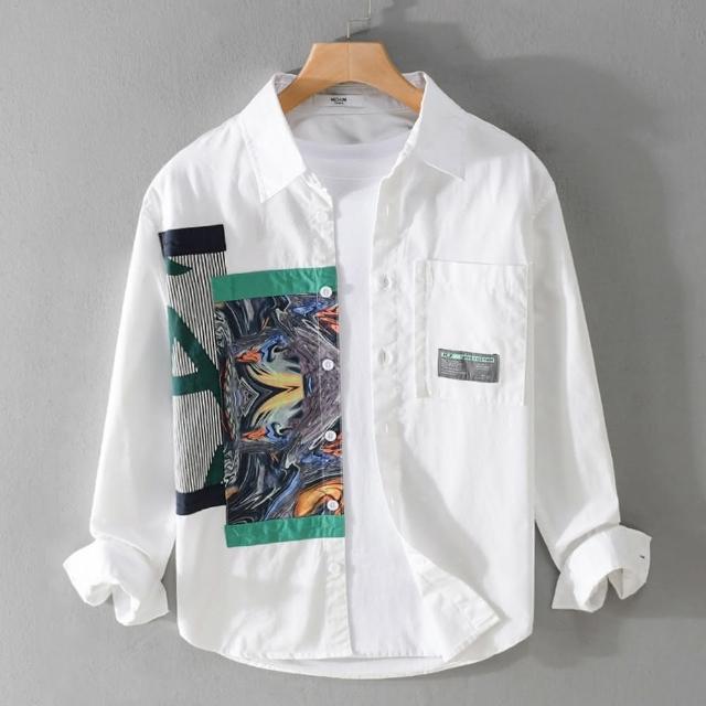【米蘭精品】現貨+預購 襯衫長袖上衣(休閒潮流拼色塗鴉男裝2色74jt61)
