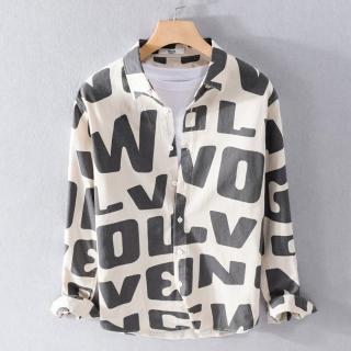 【米蘭精品】現貨+預購 襯衫長袖上衣(時尚字母印花純棉男裝2色74jt62)