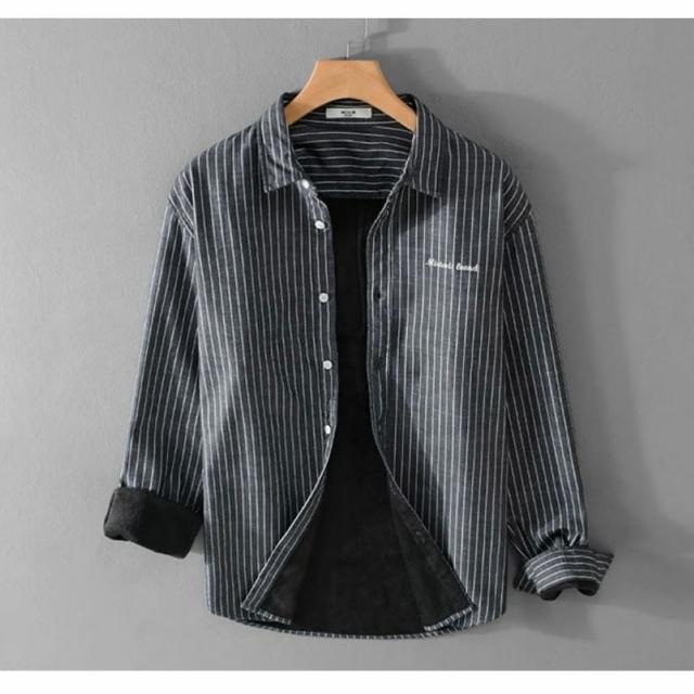【米蘭精品】現貨+預購 襯衫長袖上衣(休閒條紋加厚加絨男裝2色74jt93)