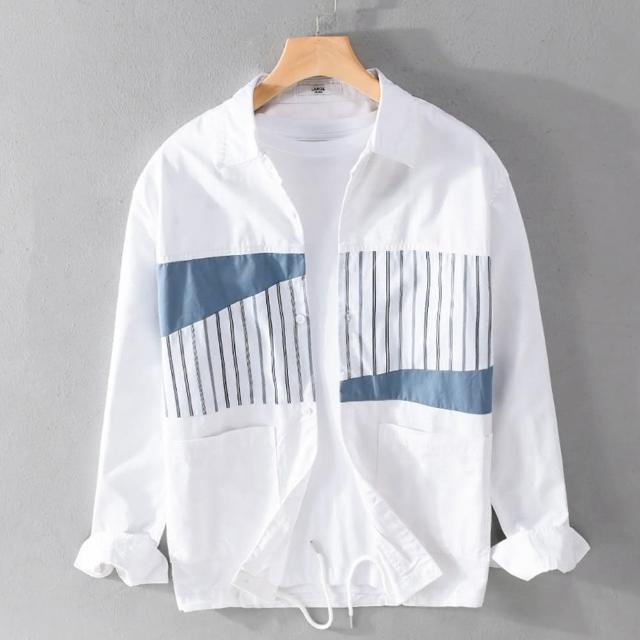 【米蘭精品】現貨+預購 襯衫長袖上衣(休閒潮流條紋拼接男裝2色74jt69)