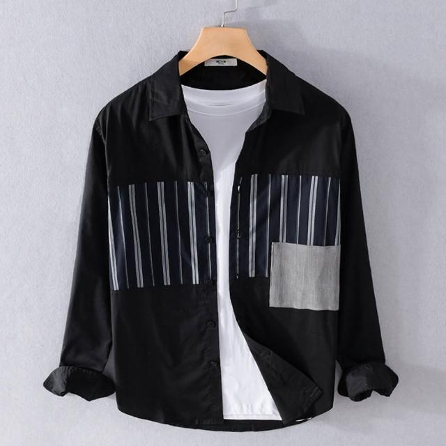 【米蘭精品】現貨+預購 襯衫長袖上衣(潮流日系條紋拼接男裝2色74jt84)