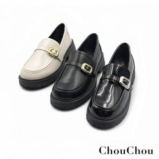 【ChouChou】精緻方頭釦厚底樂福鞋-漆皮黑/黑/米 CH2012(樂福鞋/厚底樂福鞋/小皮鞋/面試鞋)