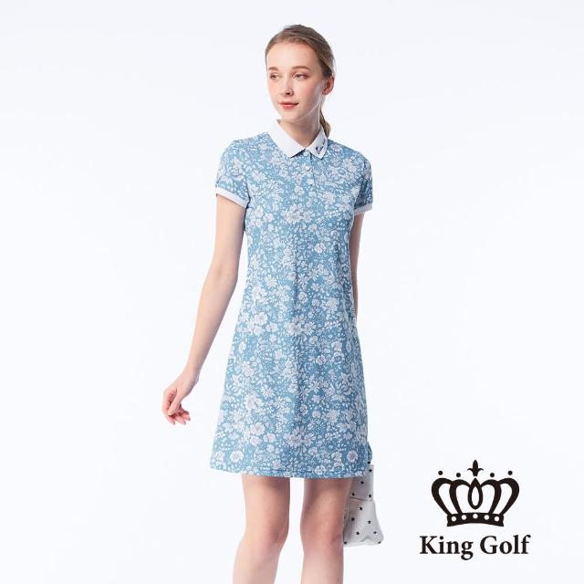 【KING GOLF】速達-網路獨賣款-女款小碎花印花LOGO刺繡涼感收腰短袖連身裙/高爾夫球裙(藍色)