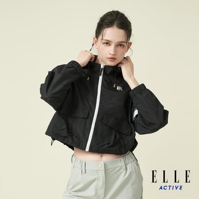 【ELLE ACTIVE】女款 配色剪接落肩短版連帽外套-黑色(EA24A2W6101#99)