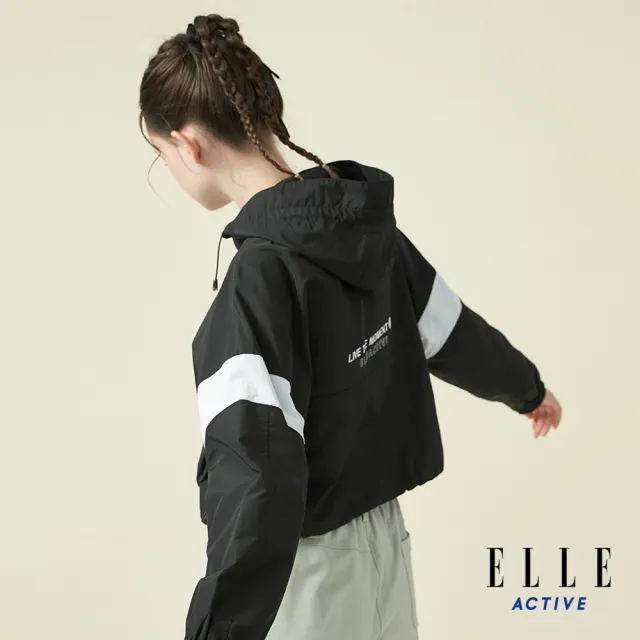 【ELLE ACTIVE】女款 配色剪接落肩短版連帽外套-黑色(EA24A2W6101-99)
