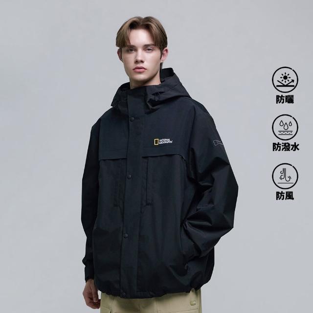 【國家地理服飾官方旗艦】男女同款 AUGUSTINE 撞色防風連帽外套 - 炭黑色