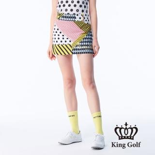 【KING GOLF】速達-網路獨賣款-女款圓點條紋幾何印花休閒A字運動短裙/高爾夫球裙(黃色)