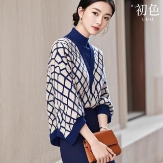 【初色】小香風法式半高領菱格長袖修身針織衫上衣女上衣-藍色-10445(F可選)