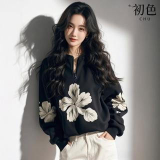 【初色】法式復古寬鬆半拉鍊V領長袖印花T恤上衣女上衣-黑色-10467(M-2XL可選)