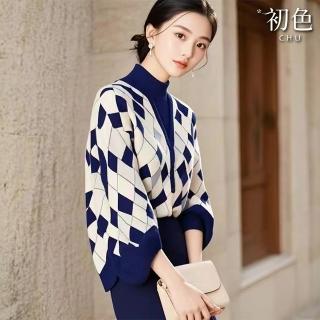 【初色】韓版簡約復古格紋開衫休閒彈力針織衫外套女外套-藍色-10444(F可選)