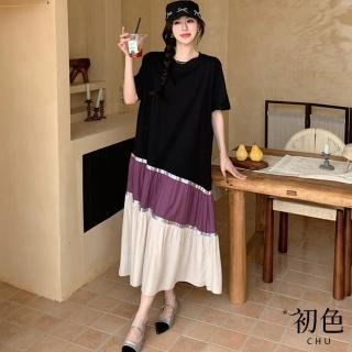 【初色】圓領寬鬆休閒拼接褶皺短袖連身裙洋裝-黑色-10508(L-3XL可選)