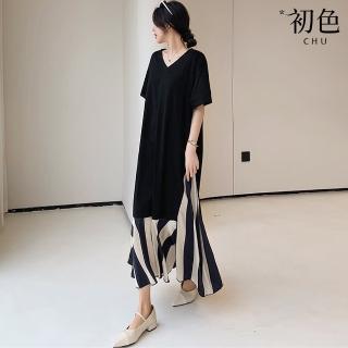 【初色】假兩件拼接真絲絨條紋V領短袖連衣裙連身洋裝長洋裝-黑色-10391(L-3XL可選)
