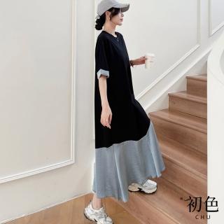 【初色】寬鬆顯瘦拼色圓領休閒短袖連身裙洋裝-黑色-10506(L-3XL可選)