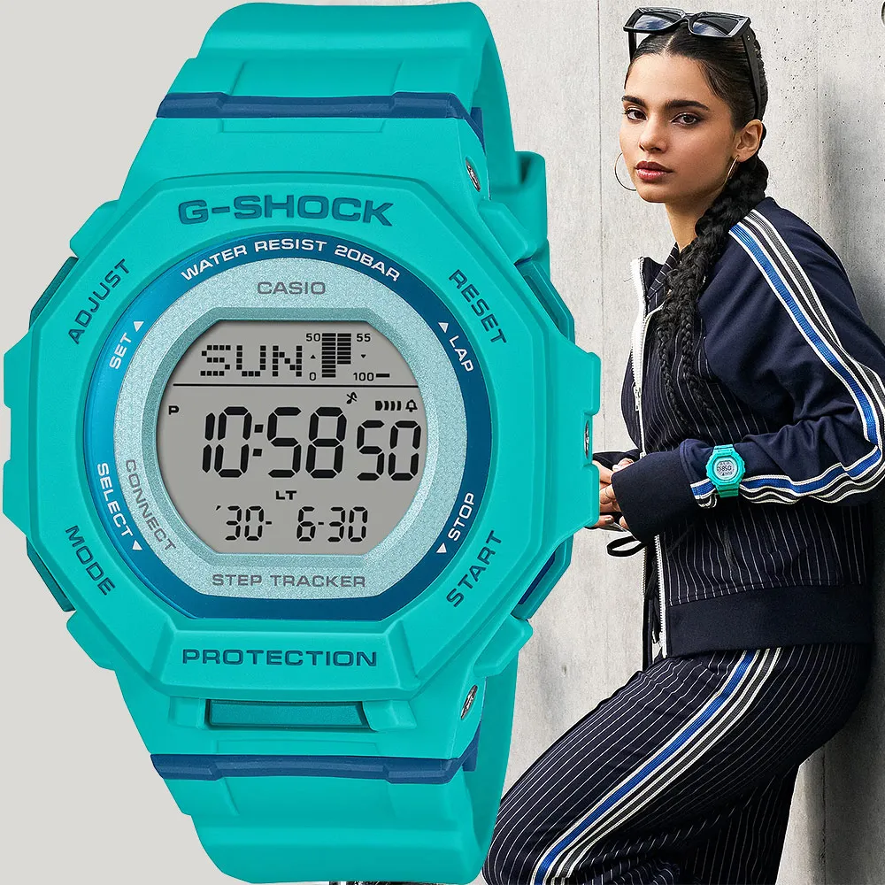 【CASIO 卡西歐】G-SHOCK 計步藍芽手錶 清爽色彩女錶-藍綠色 送禮 禮物 推薦(GMD-B300SC-2)