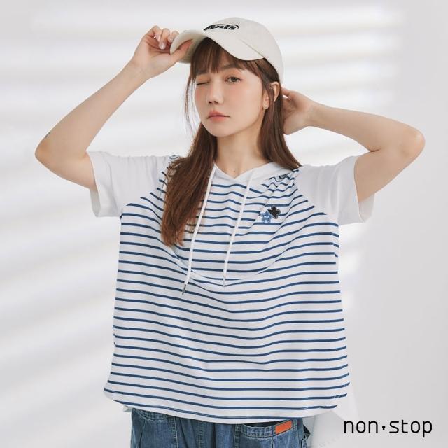 【non-stop】條紋拼接配色連帽T恤-2色