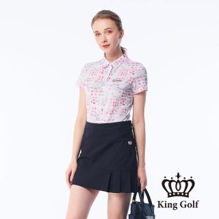 【KING GOLF】速達-網路獨賣款-女款手繪圈圈線條印花金蔥刺繡LOGO涼感短袖POLO衫/高爾夫球衫(粉色)