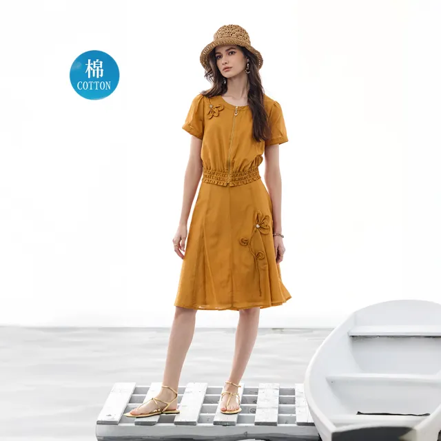 【ILEY 伊蕾】立體花朵拉鍊蠶絲短袖外套(卡其；M-XL；1252014023)