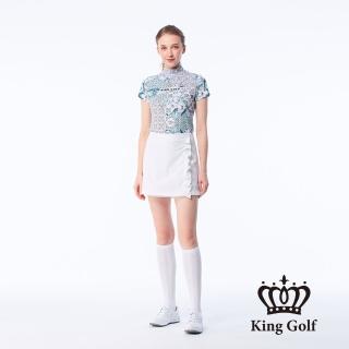 【KING GOLF】速達-網路獨賣款-女款歐式花朵菱格紋印花LOGO印圖涼感小立領上衣/高爾夫球衫(綠色)