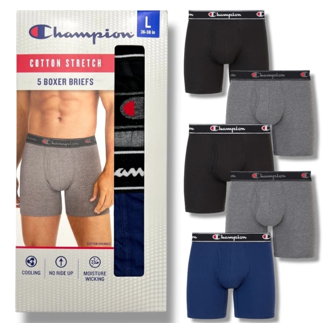 【Champion 謙品】5件組 男生 吸濕排汗 快乾科技 萊卡 貼身 四角內褲(男款內褲 多色組合)