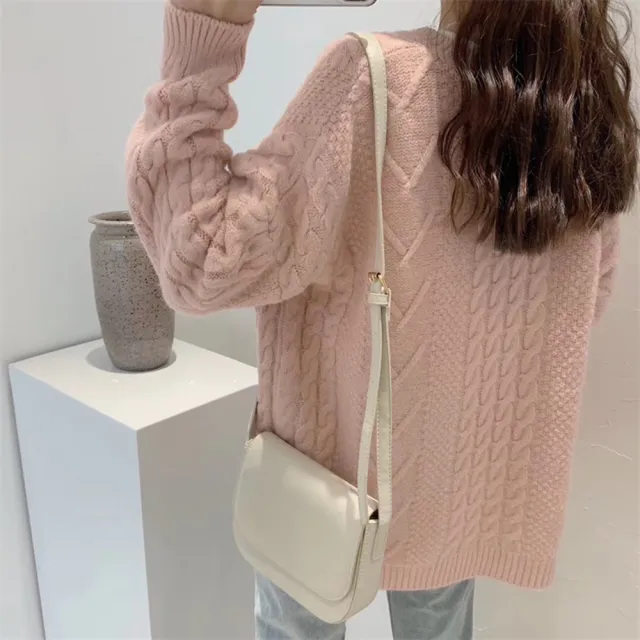 【D.studio】韓版奶油色寬鬆麻花毛衣(針織上衣長袖上衣衣服長袖t恤保暖上衣冬天女裝秋冬女裝發熱衣 W605)