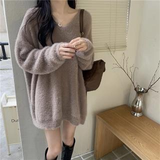 【D.studio】韓版寬鬆V領毛毛長版上衣(針織上衣毛衣長袖上衣衣服保暖上衣冬天女裝秋冬女裝發熱衣 W246)