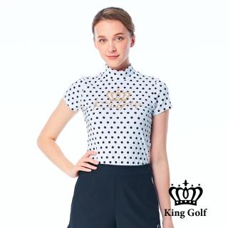 【KING GOLF】速達-網路獨賣款-女款滿版點點印花皇冠立領短袖上衣(白色)