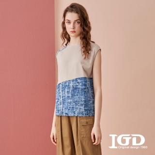 【IGD 英格麗】網路獨賣款-拼接牛仔棉質背心(卡其色)