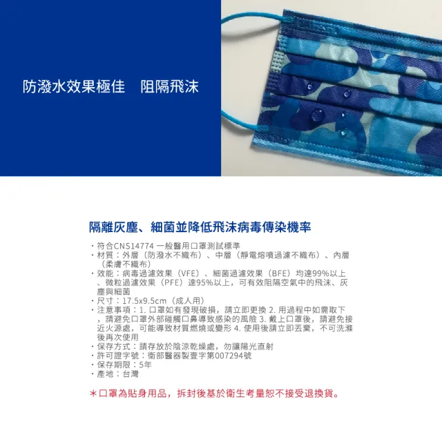 【LAITEST 萊潔】醫療防護口罩/成人 天藍迷彩紋  50入盒裝(迷彩系列)