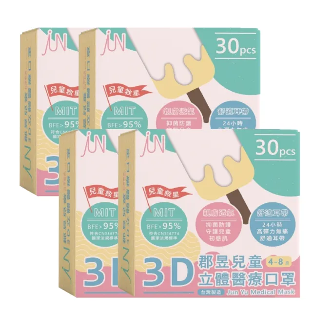 【JUN 郡昱】4-8歲兒童3D立體醫療口罩30入/盒-百搭純色系列；4盒組(台灣製造 立體口罩 3D口罩 兒童口罩)