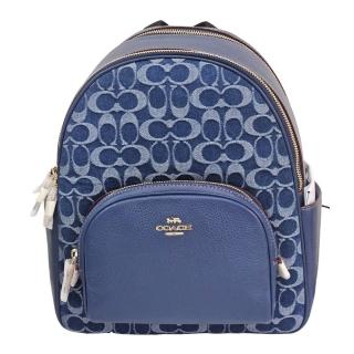 【COACH】新款 COURT經典Logo丹寧布拼接後揹包附櫻桃吊飾(單寧藍/贈原廠防塵袋紙袋/母親節送禮)