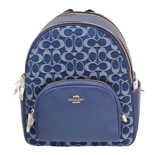 【COACH】新款 COURT經典Logo丹寧布拼接後背包附櫻桃吊飾(單寧藍/贈原廠防塵袋紙袋/母親節送禮)