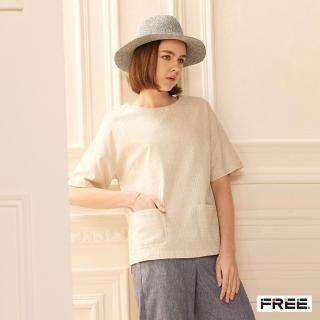 【FREE】棉麻條紋圓領前口袋短袖上衣(混米)