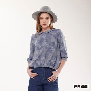 【FREE】INDIGO緹花造型領口八分袖上衣(藍色)