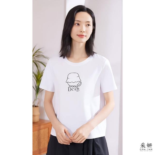 【chai yan 采妍】菇菇字母印花刺繡滑棉短袖上衣(春夏新款上衣-65-78公斤可穿)