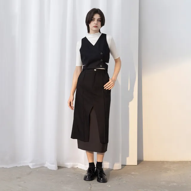 【MASTINA】高腰機能感異材質拼接西料長裙(黑 灰/魅力商品)