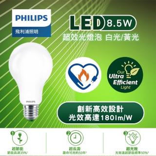 【Philips 飛利浦】1入 8.5W LED超效光燈泡 節能燈泡 無藍光危害(節能優於一般燈泡35%)