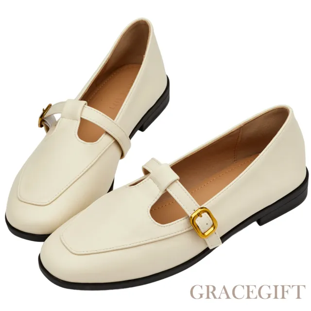 【Grace Gift】英倫金屬扣T字低跟瑪莉珍鞋(米白)