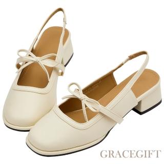 【Grace Gift】小花園蝴蝶結細帶後簍空瑪莉珍鞋(米白)