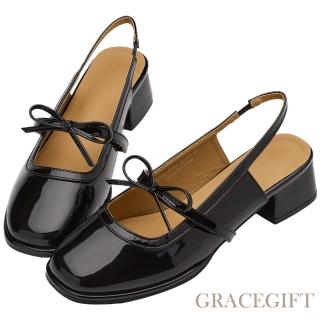 【Grace Gift】小花園蝴蝶結細帶後簍空瑪莉珍鞋(黑漆)