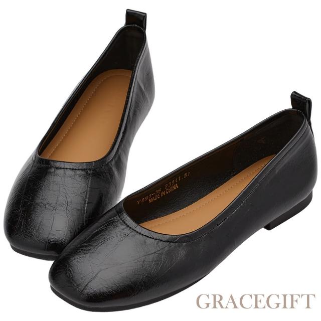 【Grace Gift】時髦壓紋方頭平底娃娃鞋(黑)