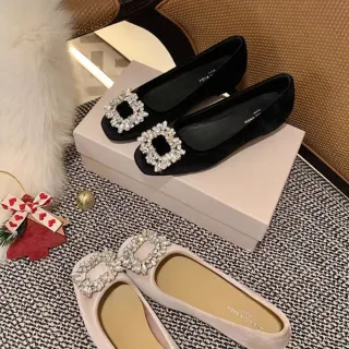 【JP Queen New York】古典方鑽絨面女款淺口平底內增高娃娃鞋(2色2款可選)