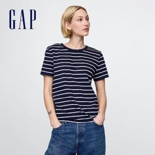 【GAP】女裝 純棉圓領短袖T恤-海軍藍條紋(718877)