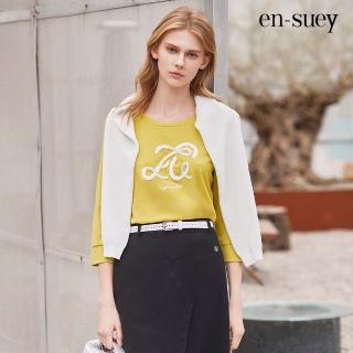 【en-suey 銀穗】字母刺繡拼織帶T恤上衣-女